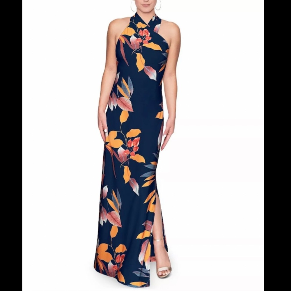 RACHEL Rachel Roy Crisscross Floral Halter Maxi Dress Navy